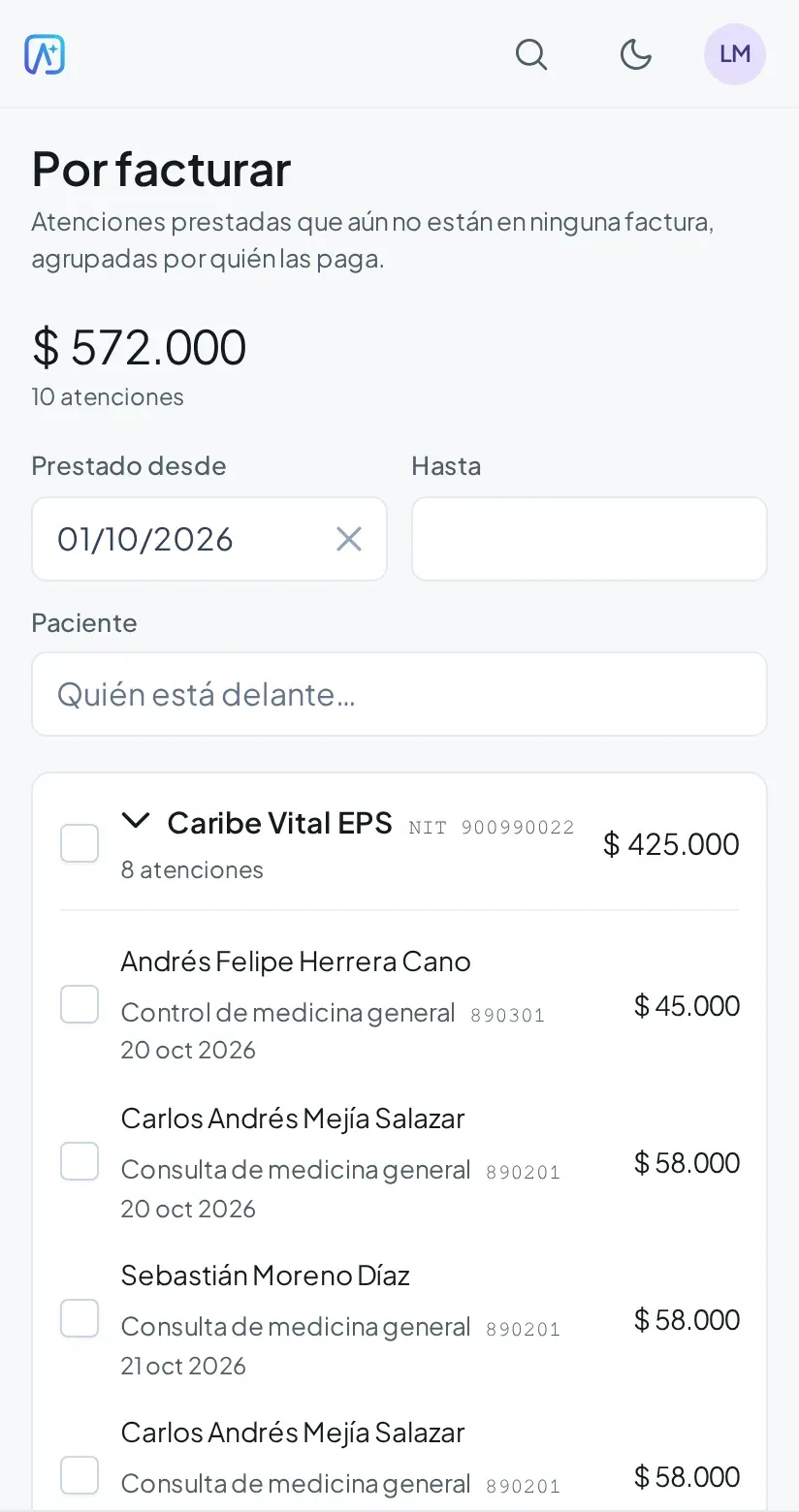 Por facturar en Amellia: las atenciones del mes agrupadas por EPS, con el código CUPS y el valor de cada una.