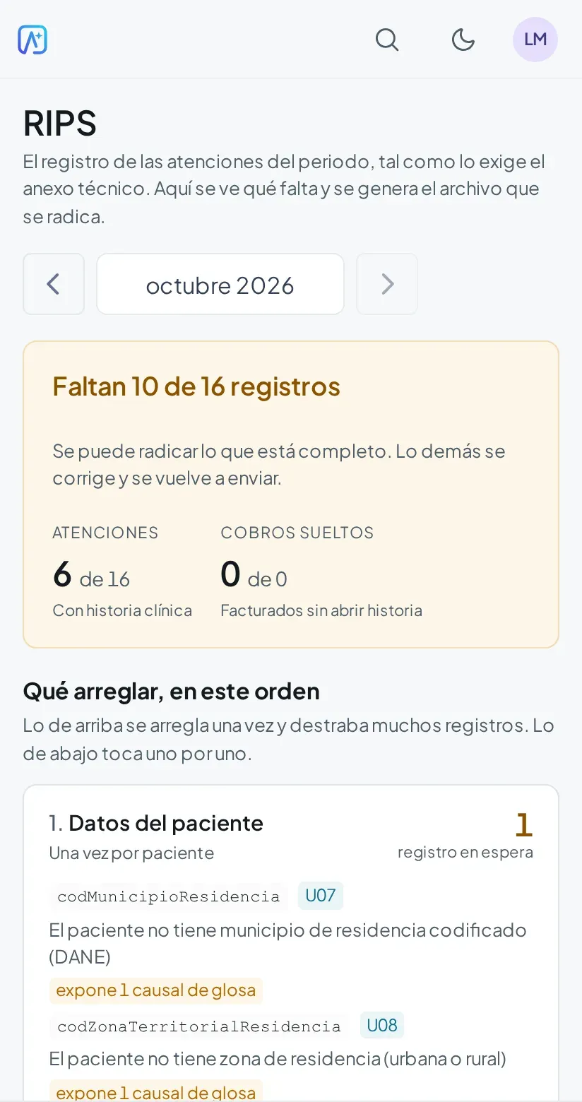 El RIPS del mes en Amellia: seis de dieciséis registros listos y, en orden, qué arreglar: el municipio de un paciente y las facturas pendientes.
